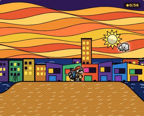 Virgil Warren flavor: swirling orange sky, neon hatched buildings, scratchboard dunes